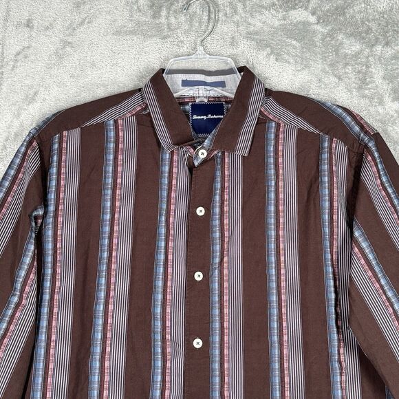 Tommy Bahama Shirt Mens Large Brown Blue Striped Silk Blend Casual Office Preppy - Picture 4 of 10